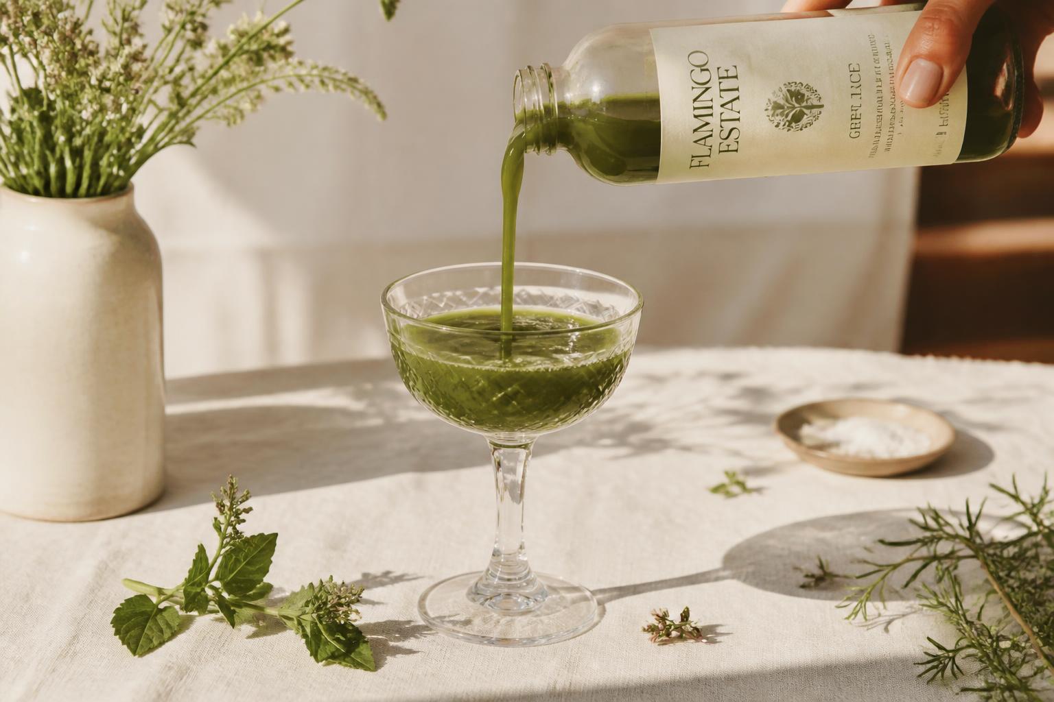 Cold pressed green juice poured into a crystal coupe